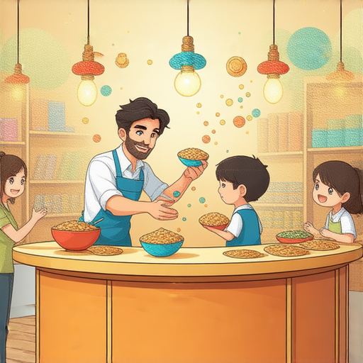 外籍老師正在攤位前與學生互動，教學過程中攪拌著各種材料，展現語言學習的趣味，驚艷你的英文，探索奇幻的語言旅程。