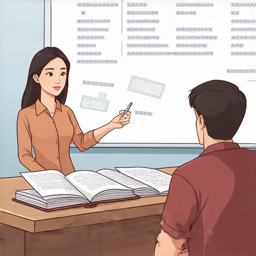 想學習英文支付相關術語的外籍老師一對一教學，學生專注學習，桌上擺放教材與筆記，提升語言能力，解鎖支付知識，輕鬆探索全新學習方式。