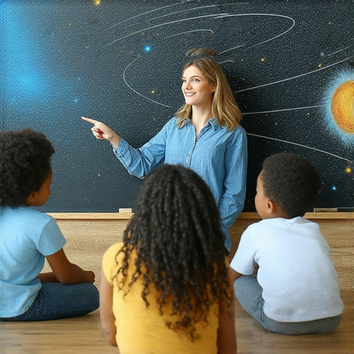 探索太空與太陽的奧秘的圖片，展示外籍英文教師與學生進行一對一的教學互動，課程主題圍繞太陽系的知識，提升英語能力，激發對宇宙的好奇心。