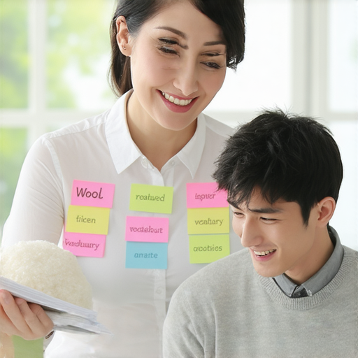 外籍英文老師與學生一對一進行毛料相關詞彙教學，專注於流利對話技巧，展現互動學習的場景，吸引對英語學習有興趣的人。