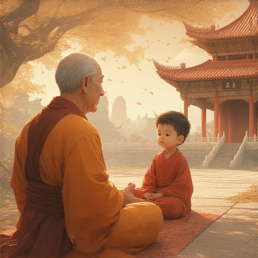 外籍老師與學生一對一互動，探討佛教文化及其奧秘，背景為佛教寺廟，展示學習氛圍，深入了解佛系文化與智慧，立即報名體驗。