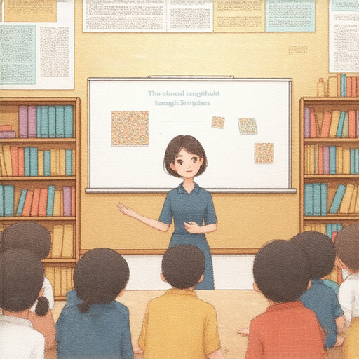 探索英文魅力的圖片，展現外籍老師與學生互動的場景，學生透過佛經和文學作品深入學習英文，強調文化交流和語言學習的重要性。