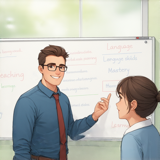 一位專業外籍老師將英文簡寫和單字教學給30歲學員，學生面帶微笑，輕鬆學習英文，課堂氛圍活潑，展現個別化教學的效果，鼓勵每位學習者都能掌握語言技巧。