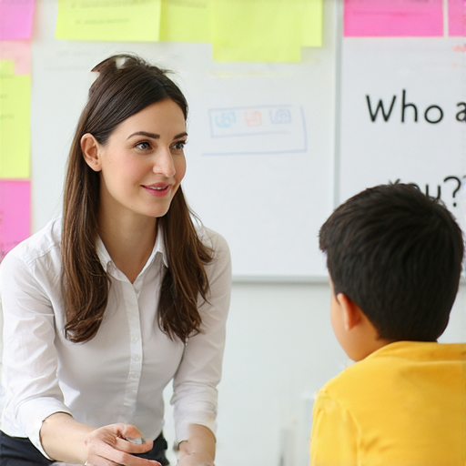 外籍老師教學場景，學生一對一互動，專注於日常英語對話，提升語言能力，背景展示教學資料與筆記，氛圍輕鬆且鼓勵學習，強調「你是誰」的英文表達。