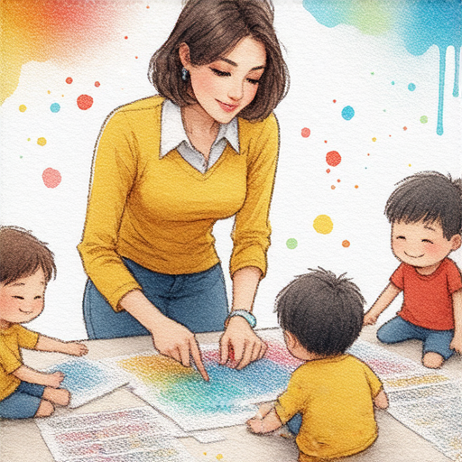 一位外籍英文教師指導學生探索彩印與彩虹的奧秘，教室內色彩斑斕，展示學習過程中的創意與樂趣，強調一對一教學的互動性與文化交流。