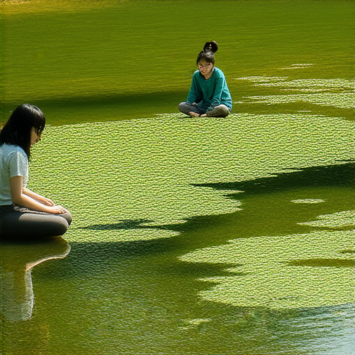 水塘內的水面波光粼粼，綠色水草搖曳，背景展示一位外籍老師正與學生進行一對一英文教學，探索水的奧秘的學習氛圍，鼓勵報名參加。