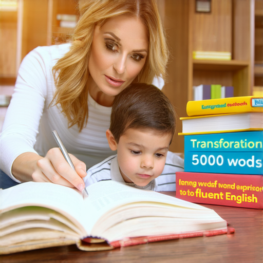 外籍老師一對一教學場景，展示學生專注學習的情景，背景中有英語學習教材，傳達從50萬字到流利英語的超強效果。