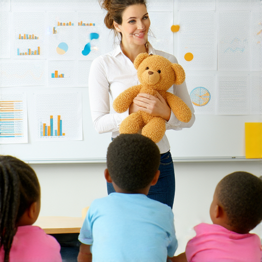 外籍老師與學生互動學習英語，牽著絨毛娃娃，展示統計學應用，體現學習過程中的趣味與創新，鼓勵預約一對一課程，開啟奇妙的英語學習之旅。