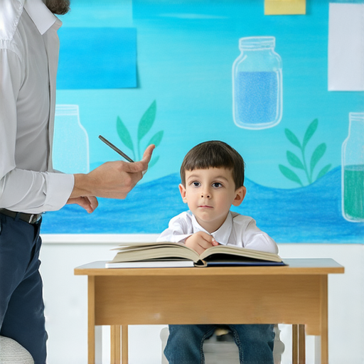 一位外籍老師與學生進行一對一英文學習，主題為水缸、水罐等水相關詞彙，背景有水相關的圖畫，學生專注聆聽，展現學習熱情。