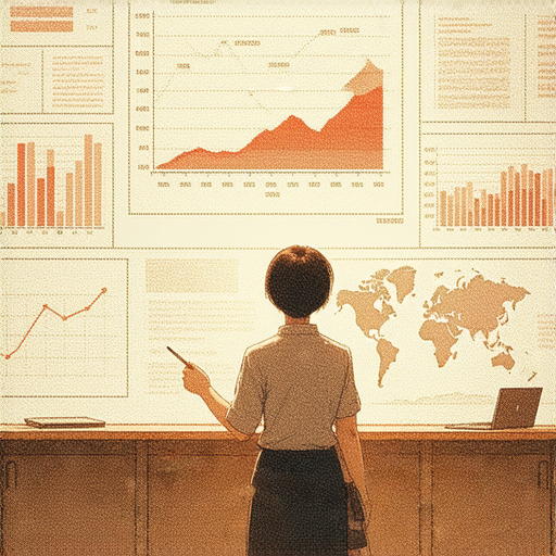 經濟復甦的秘密圖示，外籍老師在教學中提升學生經濟英語能力，強調競爭力，學生專注學習經濟術語，顯示個人成長與發展。