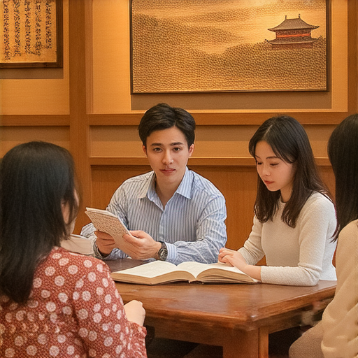 探索政策英文與故宮魅力的場景，外籍老師一對一教學互動，提升英語水平的學習過程，展現學生積極參與和專注的氛圍。