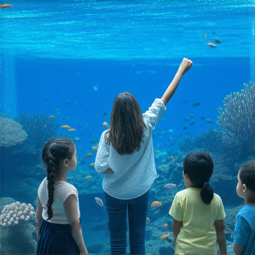 在水族館內，外籍老師指導學生學習水相關英語，齊心探索海底世界的奧秘，學生們積極交流，展現出對海洋生物的好奇與興趣，激發自信心。