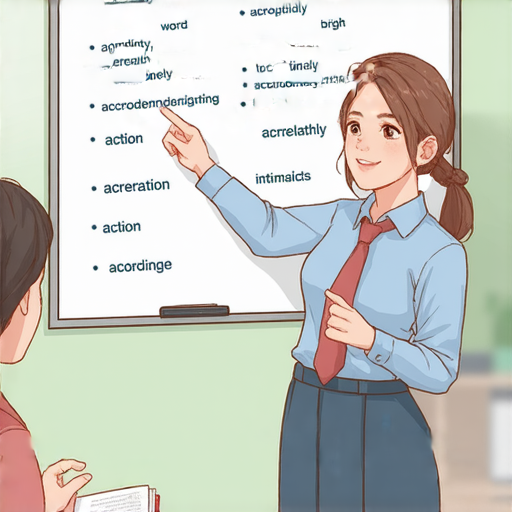 外籍老師一對一教學場景，學生專心學習英文，重點詞彙為accordingly與action，環境輕鬆互動，揭開英文學習的秘密，提升語言能力的有效方法。