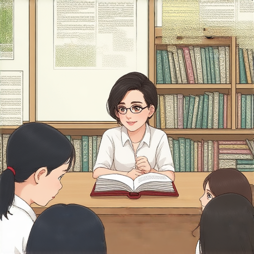 一位外籍英文老師與學生互動，探索甘菊茶與甘藍的知識，教室背景充滿書籍，學習英文的氛圍濃厚，適合深入了解英文世界的學習場景。