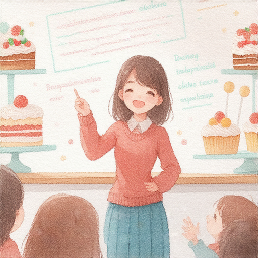 一位外籍老師正在教學生英語，課堂上展示有關甜字的圖片，背景中有各類甜點，傳遞甜蜜英語世界的美好與美味秘密，促使學生立即體驗學習的樂趣。