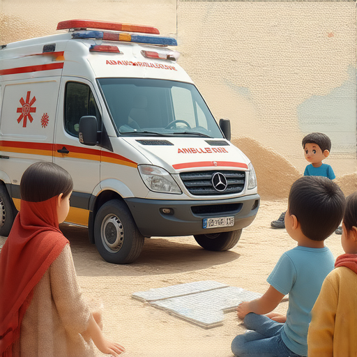 外籍老師帶領學生探索救護車、敗筆與敘利亞的故事，背景中顯示與這些主題相關的圖片，促進深入了解與學習。