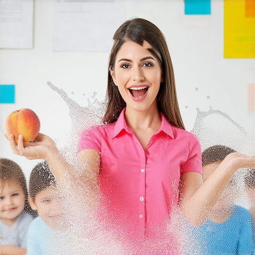 圖片展示外籍老師在教室中，透過水花、水蜜桃和水表等實物，向學生生動示範如何精準表達英語詞彙，激發學生學習興趣，提升其語言能力。