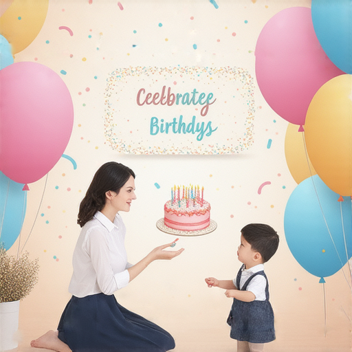 外籍老師與學生進行一對一英語教學，主題為用英文慶祝生日，背景展示慶生派對場景，體驗探索生態英語的魅力，激發學習興趣。