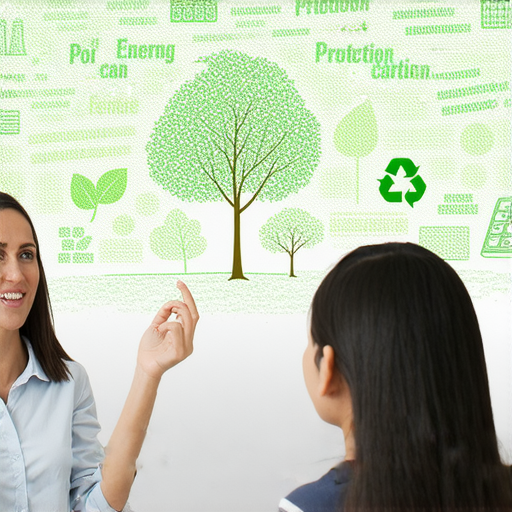 外籍老師一對一教學中，學生專注學習保護環境的相關英文詞彙，提升英文能力，背景展示環保主題圖像，展現學習與環保意識融合的氛圍。