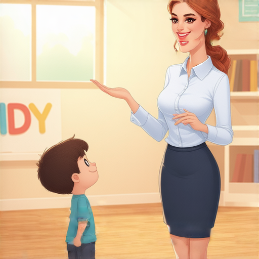 一名外籍老師在教室中與學生一對一互動，介紹衣物與生活的小知識，背景有英文字母和圖案，展現學習英文的趣味和魅力。