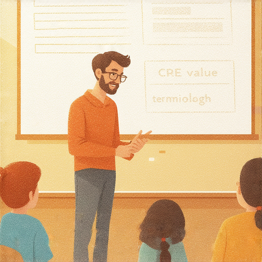 解密英語核心術語的圖片，展示CP值與CRE技巧，外籍老師指導學生輕鬆突破語言學習障礙，背景為教室情境，強調互動學習與專業指導。