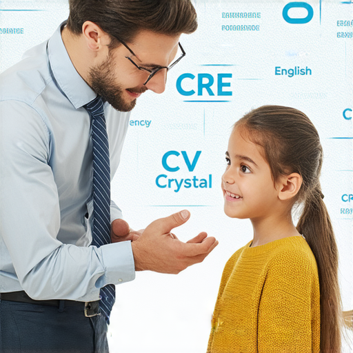 探索英文學習秘訣的圖片，展示一位外籍老師與學生一對一互動，背景上寫有CRE、CV、Crystal等關鍵詞，強調個性化學習和提升英語能力的體驗。