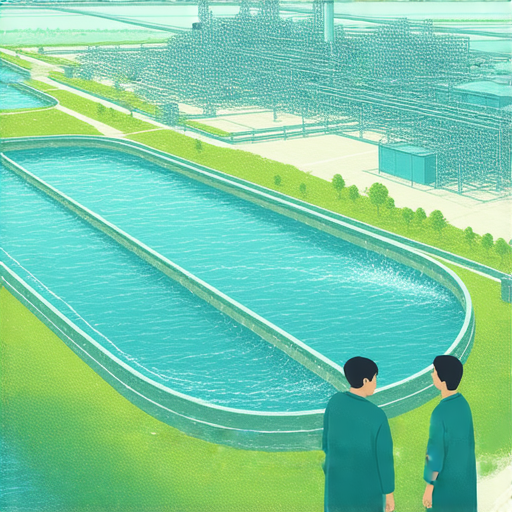 污水處理廠的外籍英文老師與學生互動，探討污染的影響，背景是先進的污水處理設備，傳遞環保意識的重要性。