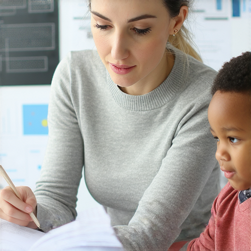 外籍老師一對一教學情境，學生專注於數據與數學的學習，提升英語能力的過程，背景展示教學資源和數學公式，強調掌握數據技能的重要性。