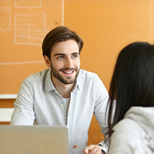 外籍老師正在進行一對一的教學，探索產品英文與設計的奧秘，學員聚精會神，課堂氣氛輕鬆愉快，適合對產品設計和英文有興趣的人士。