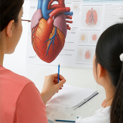 外籍英文老師與學生進行一對一教學，專注於心臟健康的醫學英語，學生專心聆聽，桌上擺放心臟解剖圖及筆記本，提高醫學英語能力，探索心臟健康的奧秘。