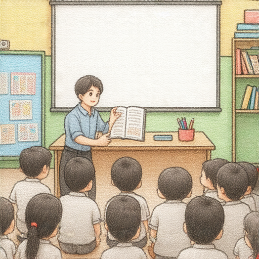 外籍老師授課場景，學生專心學習繪圖與繪本英文，教室環境活潑，展示繪畫作品和教材，適合想提升繪圖技巧和英文能力的學習者。