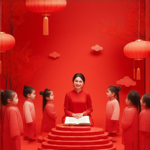 紅色的秘密探索圖片，展示紅包與紅燈，外籍英文老師正在教學，學生們聚精會神學習文化，背景中鮮豔的紅色象徵著喜慶與祝福，揭開紅色文化的奧秘
