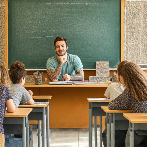 外籍老師在教室中教授英文，學生們專注學習，桌上擺放著紋身藝術相關資料，氣氛活潑。活動主題為從紙上談兵到紋身藝術，探索創意教學的可能性。