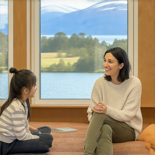 一位外籍老師與學生在課堂上進行一對一的交流，背景為紐西蘭特色的風景，展示學習紐西蘭式英語的氛圍，鼓勵開啟流利會話之旅。