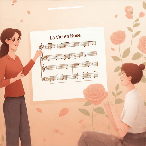 外籍教師一對一教學場景，學生專注學習《La Vie en Rose》，提升英語能力，背景顯示歌曲主題，教學互動親切自然，展現語言學習的樂趣與效果。