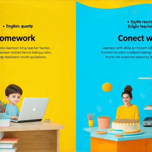 提升英語能力的宣傳圖片，展示從做功課到做蛋糕的多種英文表達，吸引學習者聯繫外籍老師獲取更多學習資源和指導。