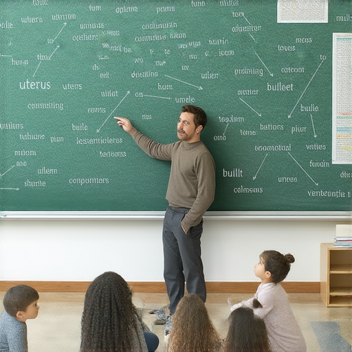 外籍英文老師在課堂上解釋子宮和子彈的深層含義，黑板上寫滿相關詞彙，學生們積極參與，探索這些重要詞彙的聯繫與意義。