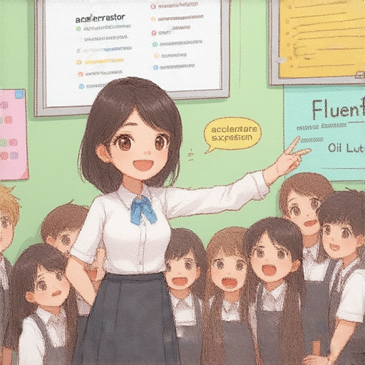 外籍英文老師教學場景，專注於流利表達，包含油門、油麥菜等詞彙，學生熱情參與，營造互動學習氛圍，提升英文溝通能力。