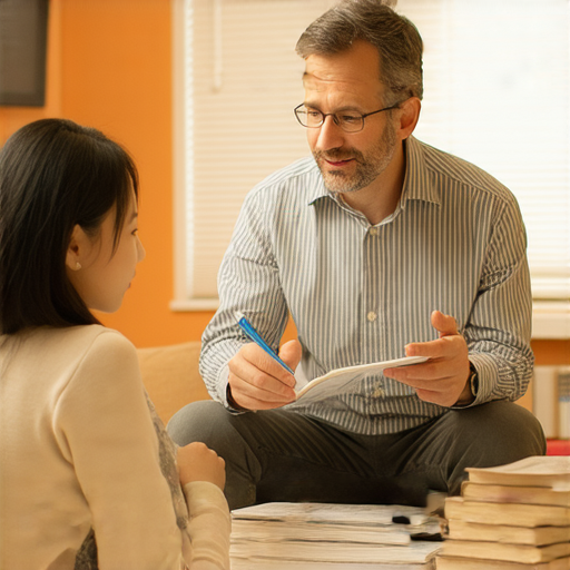 留學英文指南圖片，展示一位外籍老師與學生進行一對一英語交流，教授留學生活技巧，營造輕鬆學習氛圍，助力留學生順利適應新環境。