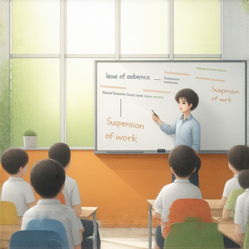 停薪留職、停工、停課的英文表達教學，幫助外籍老師指導學生如何應對人生轉折，圖片展示了教師與學生互動的場景，充滿學習氛圍。