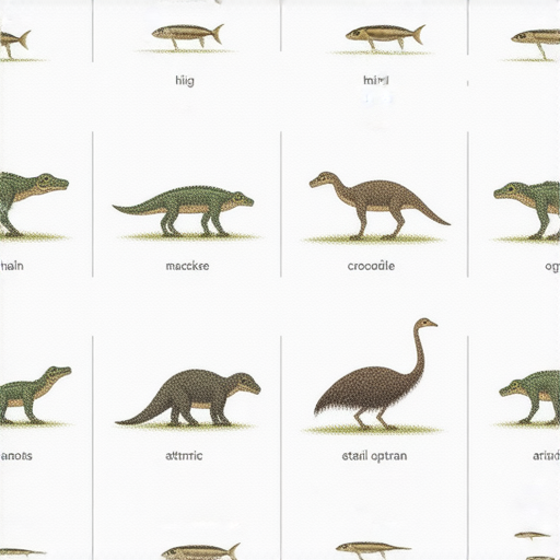 探索不同動物與詞彙的圖片，包括鯖魚、鱷魚、鴕鳥等，展示其特徵與英文名稱，幫助學習者了解動物詞彙與自然界的多樣性。