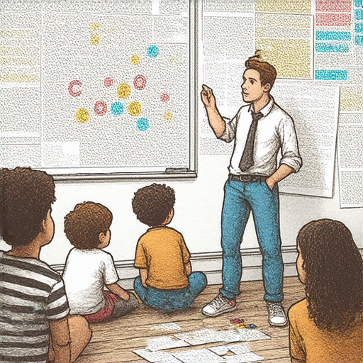 外籍英文老師在教室中帶領學生探索英語字母與字體設計的奧秘，現場互動氛圍熱烈，學生們專注學習，增進語言能力與藝術創意。