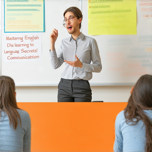 外籍老師授課場景，學生們專注學習英語，課程標題為掌握英語的秘密，內容涵蓋從基礎對話到全球交流，展現學習英語的重要性和趣味性。