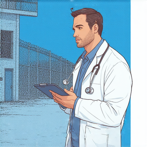 一位醫生正與病人討論皮膚健康問題，同時背景中顯示監獄設施，探索與病人、皮膚、監獄相關的英文關鍵字應用與意義。