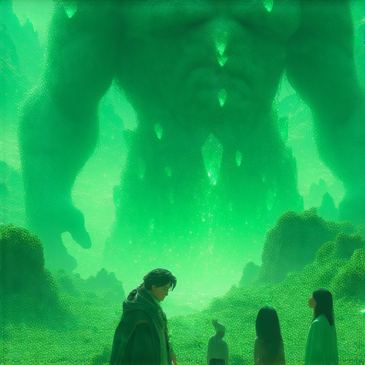 綠色秘境探索圖，展示綠巨人與綠寶石的神秘魅力，外籍老師一對一教學，幫助學生掌握英文，立即報名，展開學習之旅！