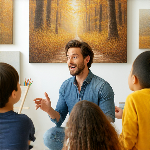 外籍英文老師在畫作前講解其背後故事，吸引學生參加趣味英文學習課程，增進英文能力並了解藝術世界，報名體驗即刻開始。