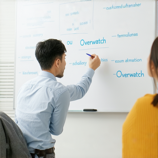 外籍老師一對一教學場景，學生專注學習英文術語如ou、overwatch，輕鬆掌握關鍵詞彙，提升英文學習效果，探索學習新境界。