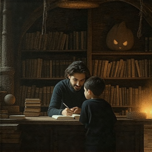 探索神秘世界的圖片，展示外籍老師與學生一對一教學，學習怪談英文的場景，背景為怪談書籍與神秘元素，提升學習興趣。