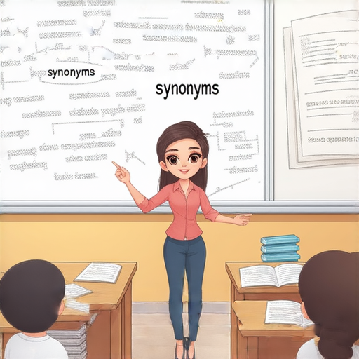 精通同義詞提升英文表達的外籍老師一對一教學，學員與老師互動交流，探索學習樂趣，共同進步的課堂場景，背景顯示書本和筆記，適合希望提高英語能力者。