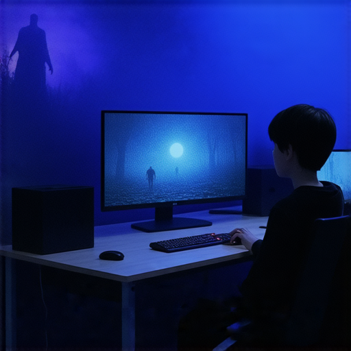 探索恐怖遊戲的英文世界的圖片，展示一位外籍老師與學生一對一教學，學生在學習過程中沉浸於恐怖遊戲文化，克服恐懼，提升英語能力，報名參加課程。